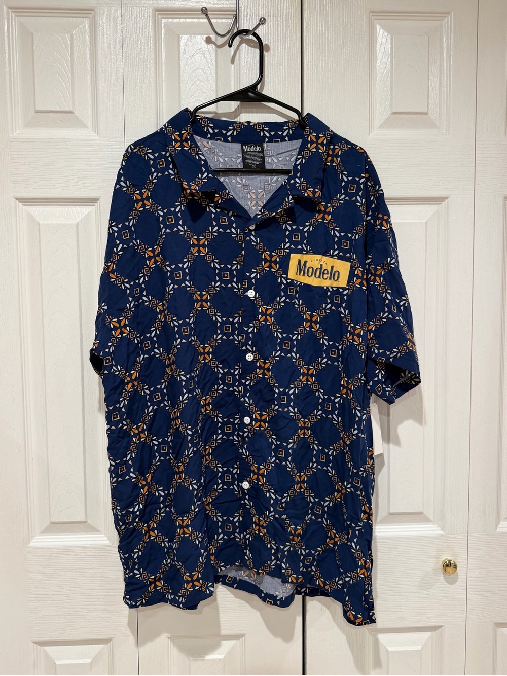 Modelo Navy Short-Sleeve Button-Down with Gold Geometric Print and Modelo Patch